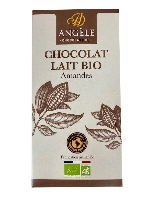 tablette chocolat bio, tablette chocolat lait, chocolat bio, chocolat artisanal, chocolat fabrication artisanal, chocolat angèle, chocolat amande