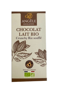 tablette chocolat bio, tablette chocolat lait, chocolat bio, chocolat artisanal, chocolat fabrication artisanal, chocolat angèle, chocolat riz souflé