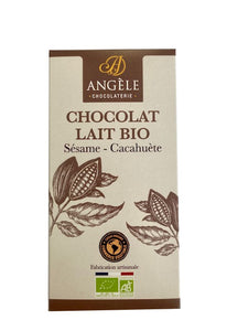 tablette chocolat bio, tablette chocolat lait, chocolat bio, chocolat artisanal, chocolat fabrication artisanal, chocolat angèle, chocolat sésame cacahuète, sésame, cacahuète