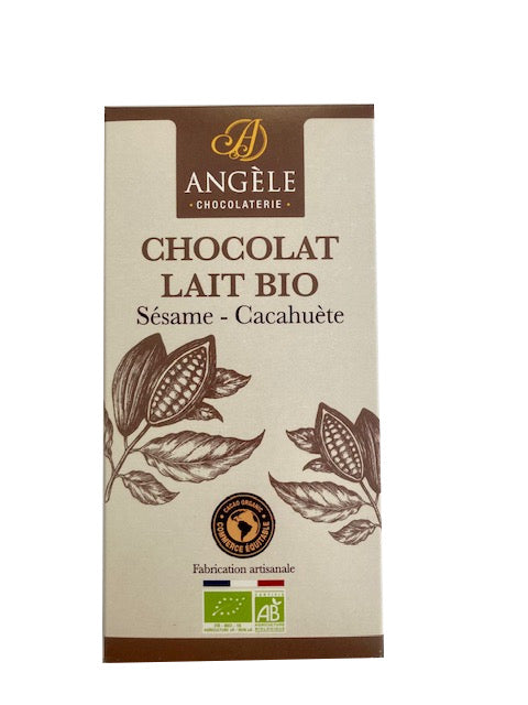 tablette chocolat bio, tablette chocolat lait, chocolat bio, chocolat artisanal, chocolat fabrication artisanal, chocolat angèle, chocolat sésame cacahuète, sésame, cacahuète