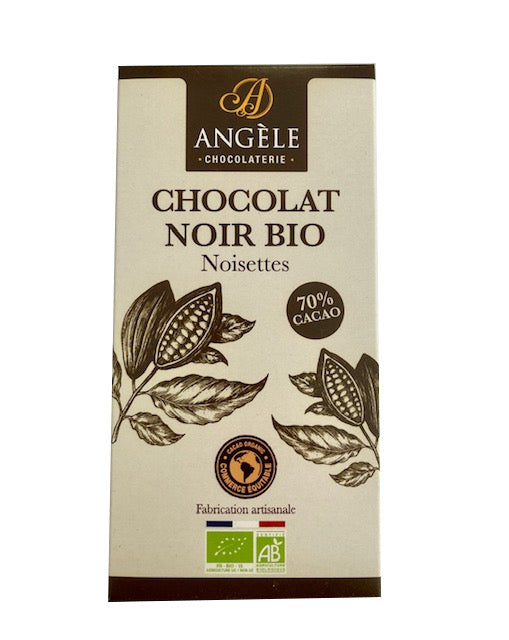tablette chocolat bio, tablette chocolat lait, chocolat bio, chocolat artisanal, chocolat fabrication artisanal, chocolat angèle, chocolat noisette